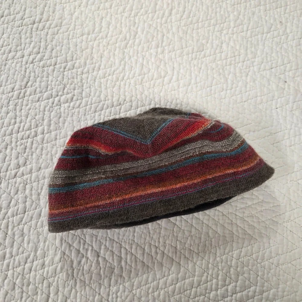 Pistil Mens Wool Blend Striped Fleece Lined Beanie Hat Brown Red Made in Italy